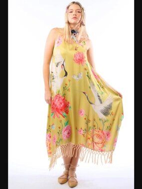 Aratta Legend of the Crane Dress Mustard with Fringe sz L, NWT
